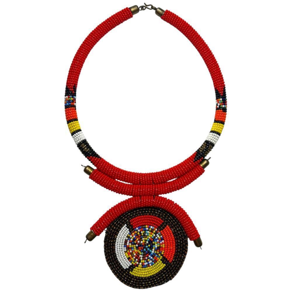 African Seed Bead Beaded Pendant Choker Necklace Red Yellow Black Tribal Jewelry